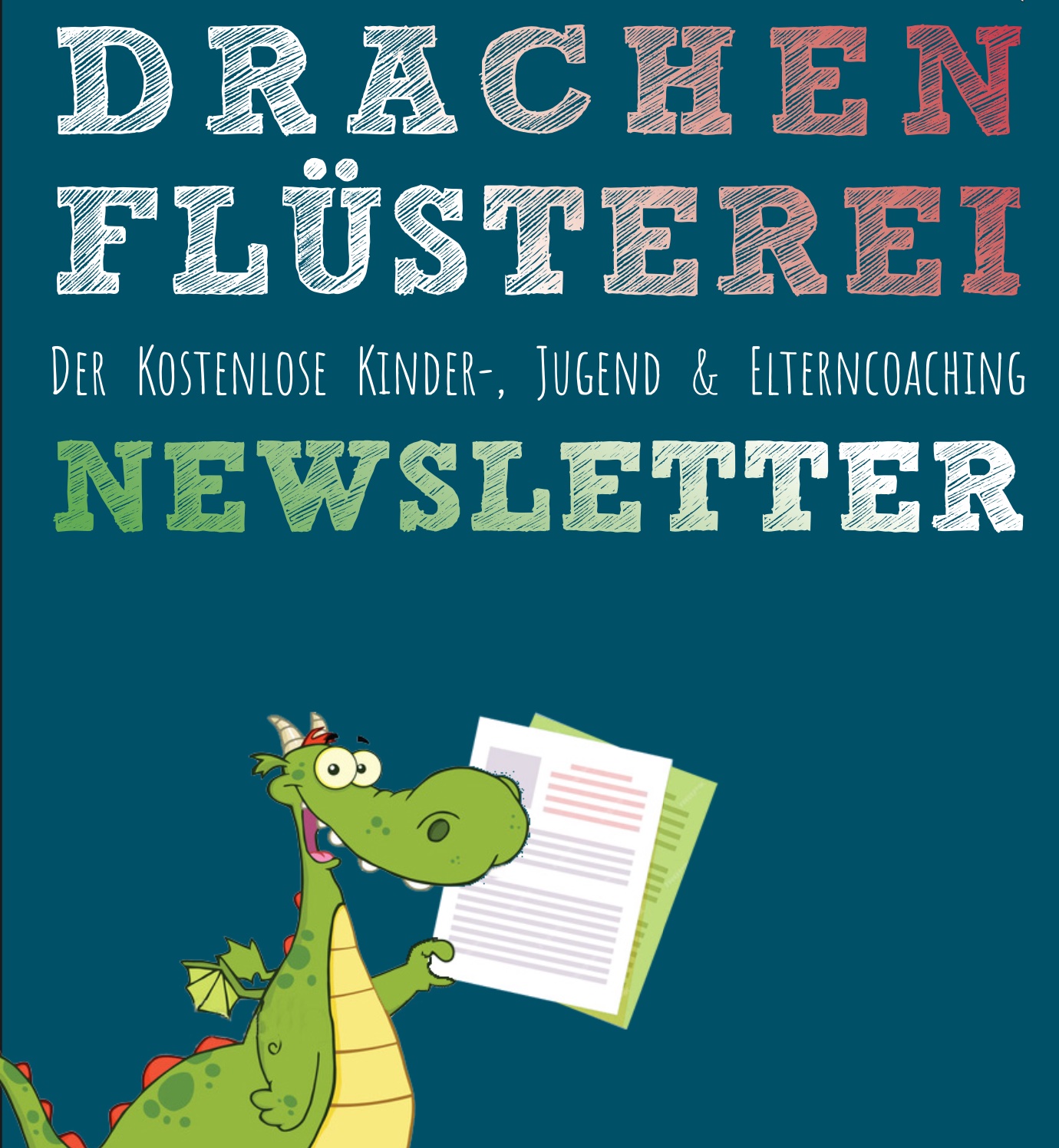 Ein freundlicher grüner Drachen hält einen Brief in der Hand