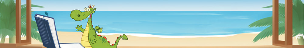 Coaching: Freundlicher Drachen lädt ein zum Kurs. Im Hintergrund ein entspannender Strand mit Palmen.